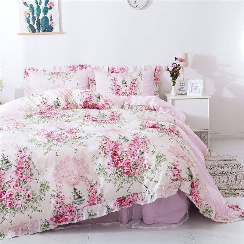 Bytový Textil Růžová Růže Květinová Sada Povlečení Na Přikrývku Princezna Nařasená Pro Dívky Ve Stylu Farmy 4 Kusy