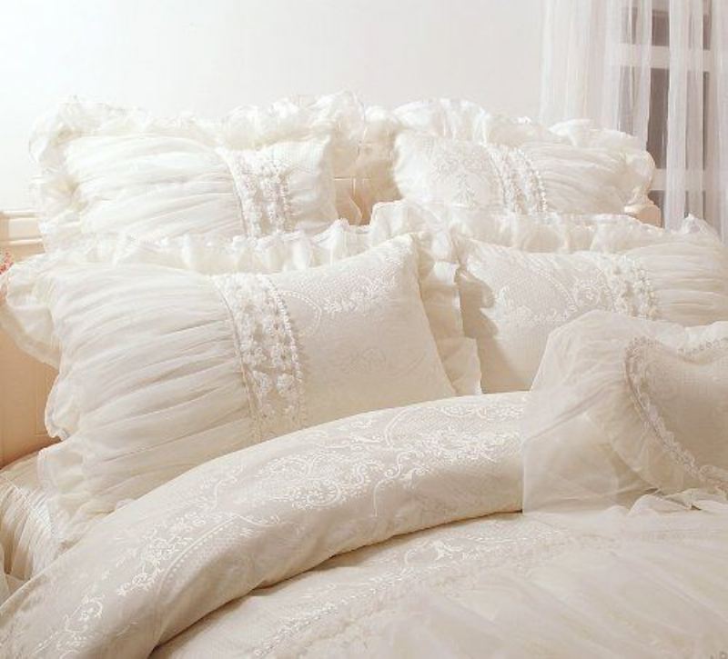 Bytový Textilkrásný Mléčný Bílý Volánkový Ložní Set Korejské Soupravy Dívčí Krajkové Nařasené Soupravy9ks Queen