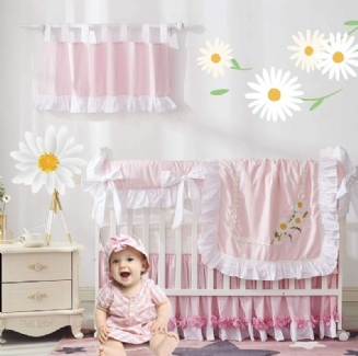 Dívčí Růžová Sada Povlečení Do Postýlky 100% Bavlna Daisy Květinový A Volánkový Design Dětské