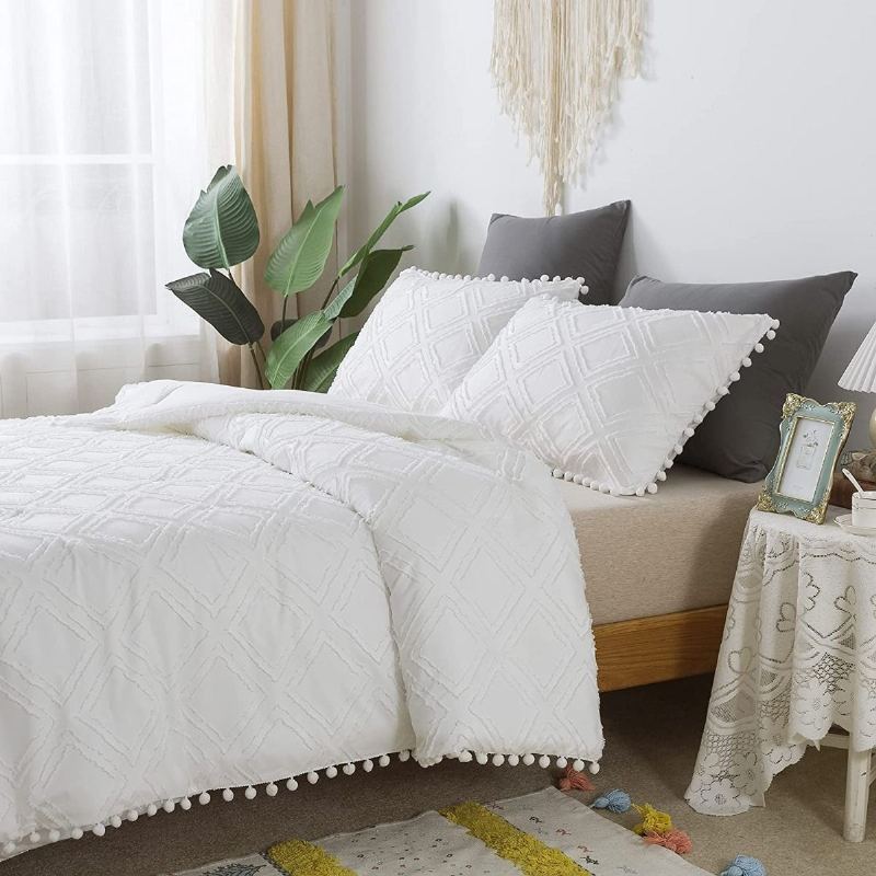 Dívčí Souprava Přikrývek Queen Size Všívané Kosočtverečné Bambulky Třásněný Design Bohemian Comfort Bílá Přikrývka Na Polštáře