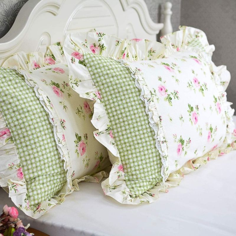 Farmhouse Rose Květinové Povlaky Na Polštáře 100% Bavlna Vintage Krajkové Volánky Na Elegantní Venkovský Styl Růžová Rosetta S Kostkovaným Designem