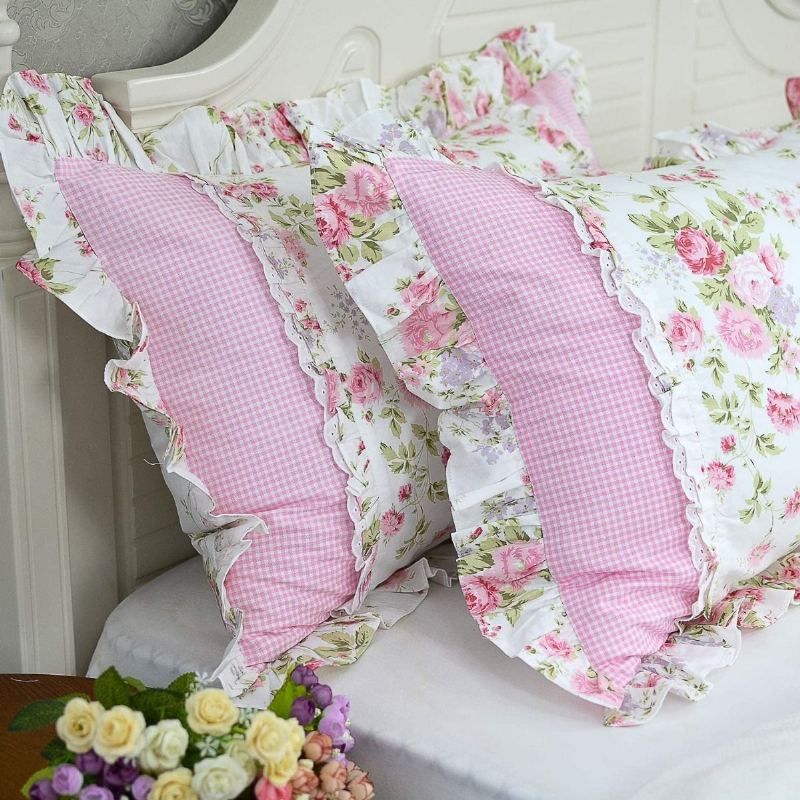 Farmhouse Rose Květinové Povlaky Na Polštáře 100% Bavlna Vintage Krajkové Volánky Na Elegantní Venkovský Styl Růžová Rosetta S Kostkovaným Designem