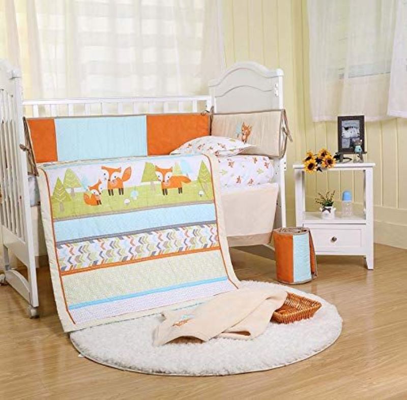 Hravá Sada Povlečení Do Postýlky Liška Mint Mřížkové Arrow Print Do Woodland Nursery Vícebarevné Unisex 8ks