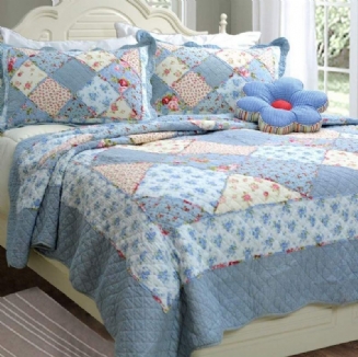 Queen Size Shabby Blue Floral Patchwork Set Přikrývek Set Bavlněné Přikrývky