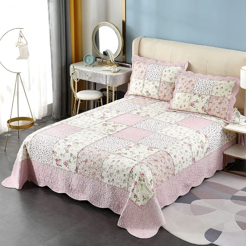 Sada 3 Ks Přikrývek Queen Size Farmhouse Rose Květinové Povlečení Set Romantické Drobné Květiny Patchwork Lehká