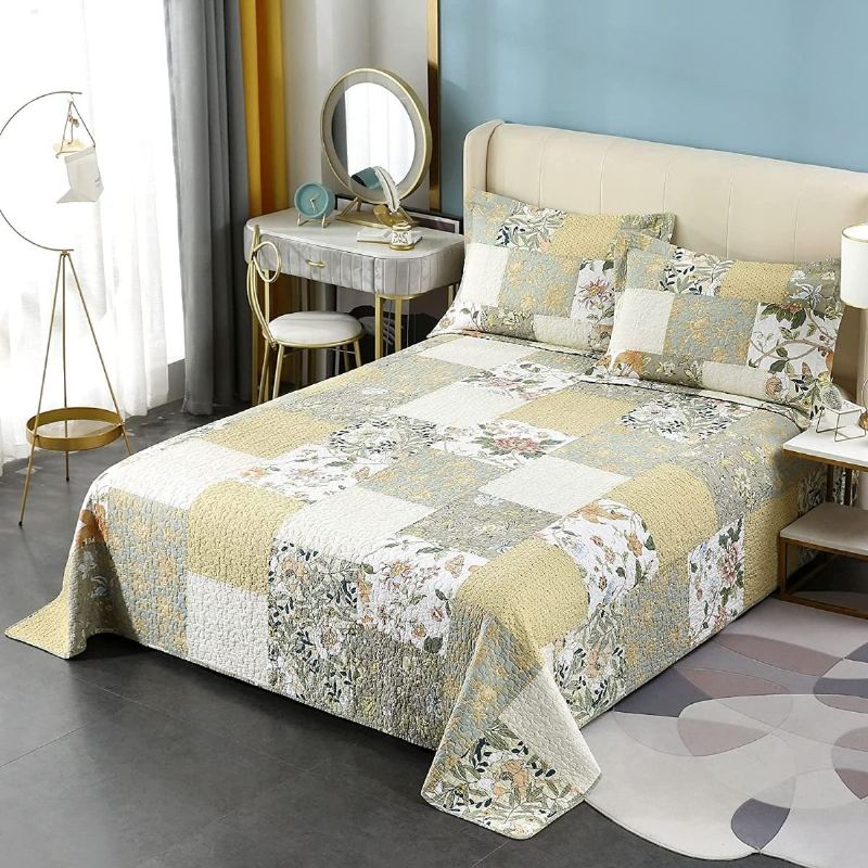 Sada 3 Ks Přikrývek Queen Size Farmhouse Rose Květinové Povlečení Set Romantické Drobné Květiny Patchwork Lehká