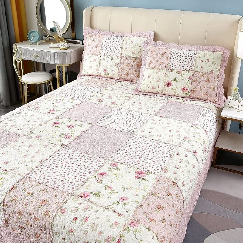 Sada 3 Ks Přikrývek Queen Size Farmhouse Rose Květinové Povlečení Set Romantické Drobné Květiny Patchwork Lehká