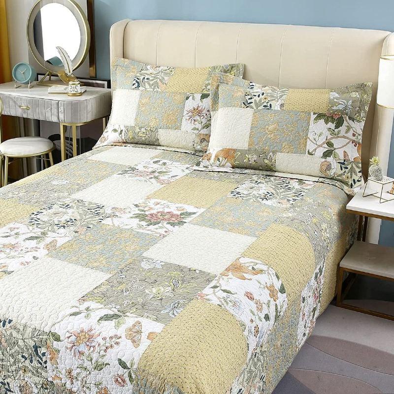 Sada 3 Ks Přikrývek Queen Size Farmhouse Rose Květinové Povlečení Set Romantické Drobné Květiny Patchwork Lehká