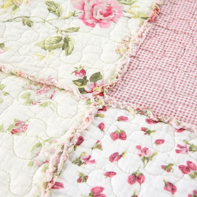 Sada 3 Ks Přikrývek Queen Size Farmhouse Rose Květinové Povlečení Set Romantické Drobné Květiny Patchwork Lehká