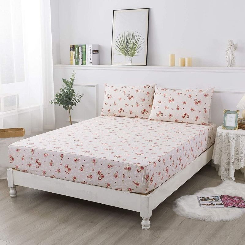 Sada 4ks Romantická Růžová Květinová Povlečení Elegantní Vintage Farmhouse Dívčí 100% Bavlna Shabby Květinové Deep Kapesní Prostěradlo