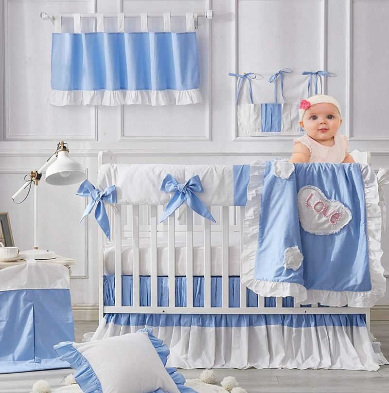 Sada Povlečení Do Dětské Postýlky 3d Love Heart Cloud Star Patched Design 100% Bavlna Modré Do S Bílým Volánem