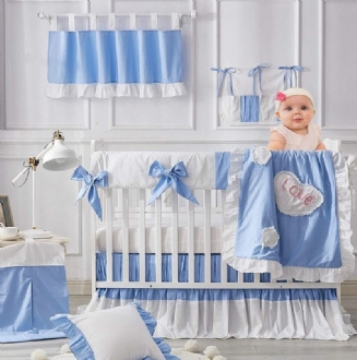 Sada Povlečení Do Dětské Postýlky 3d Love Heart Cloud Star Patched Design 100% Bavlna Modré Do S Bílým Volánem