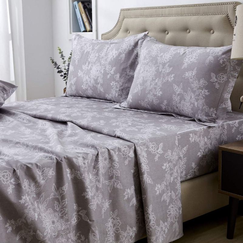 Sada Prostěradla Farmhouse Ložní Povlečení Shabby Floral Vintage Grey 100% Bavlna Super Měkká Hypoalergenní Šedá A Bílá Prostěradlo S Hlubokým Výstřihem Do Kapsy 4dílné