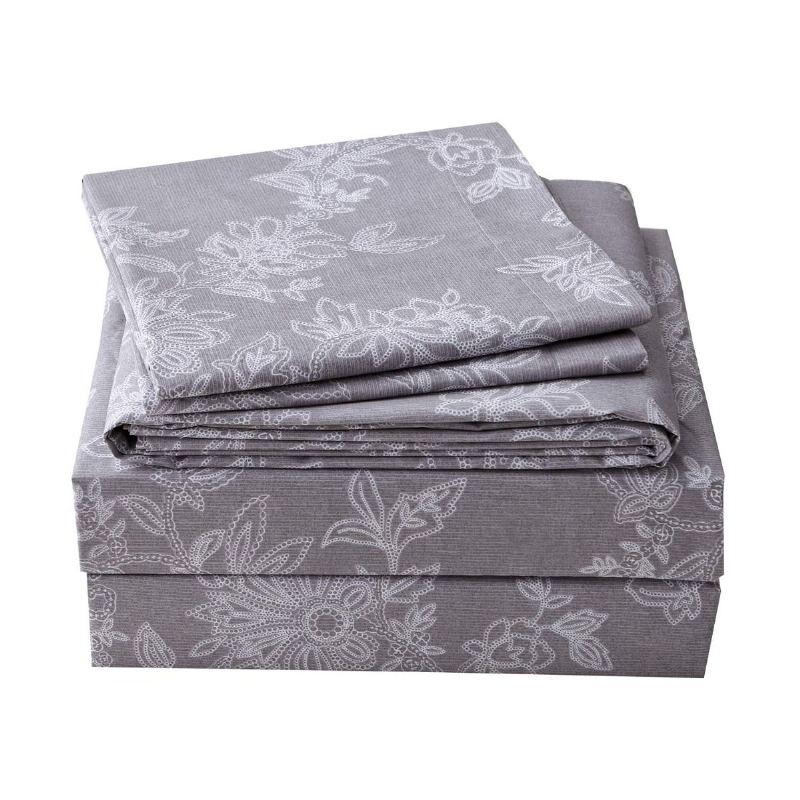 Sada Prostěradla Farmhouse Ložní Povlečení Shabby Floral Vintage Grey 100% Bavlna Super Měkká Hypoalergenní Šedá A Bílá Prostěradlo S Hlubokým Výstřihem Do Kapsy 4dílné