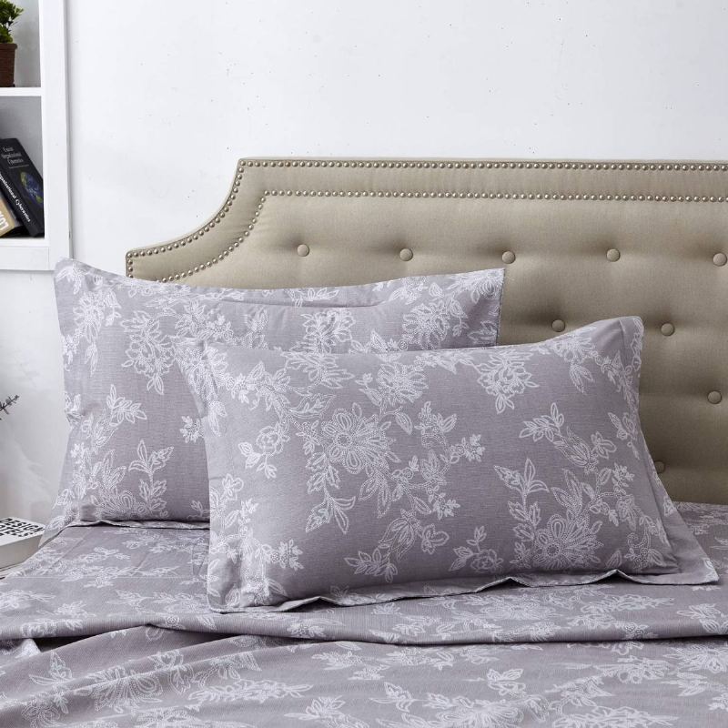 Sada Prostěradla Farmhouse Ložní Povlečení Shabby Floral Vintage Grey 100% Bavlna Super Měkká Hypoalergenní Šedá A Bílá Prostěradlo S Hlubokým Výstřihem Do Kapsy 4dílné