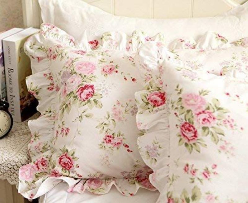 Shabby Pink Rose Květinový Potisk Povlaky Na Polštáře Elegantní Venkovský Styl Vintage Krajka Volánky Povlečení Na Polštář