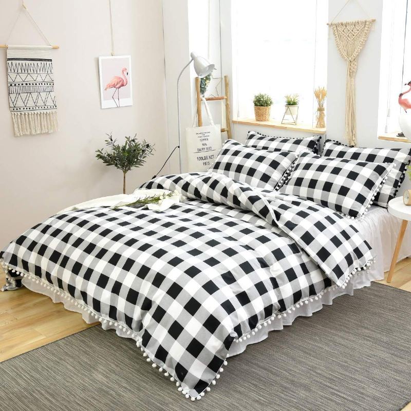 Souprava Moderního Ložního Prádla Buffalo Plaid 3 Ks Sada Povlaků Na Přikrývku S Třásněmi Pom Pom