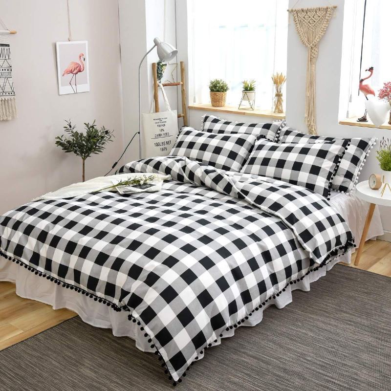 Souprava Moderního Ložního Prádla Buffalo Plaid 3 Ks Sada Povlaků Na Přikrývku S Třásněmi Pom Pom