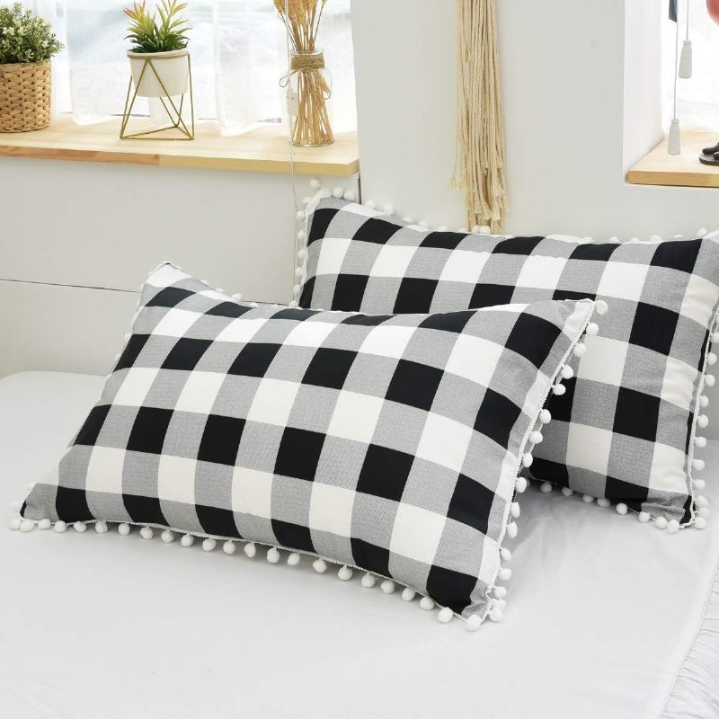 Souprava Moderního Ložního Prádla Buffalo Plaid 3 Ks Sada Povlaků Na Přikrývku S Třásněmi Pom Pom