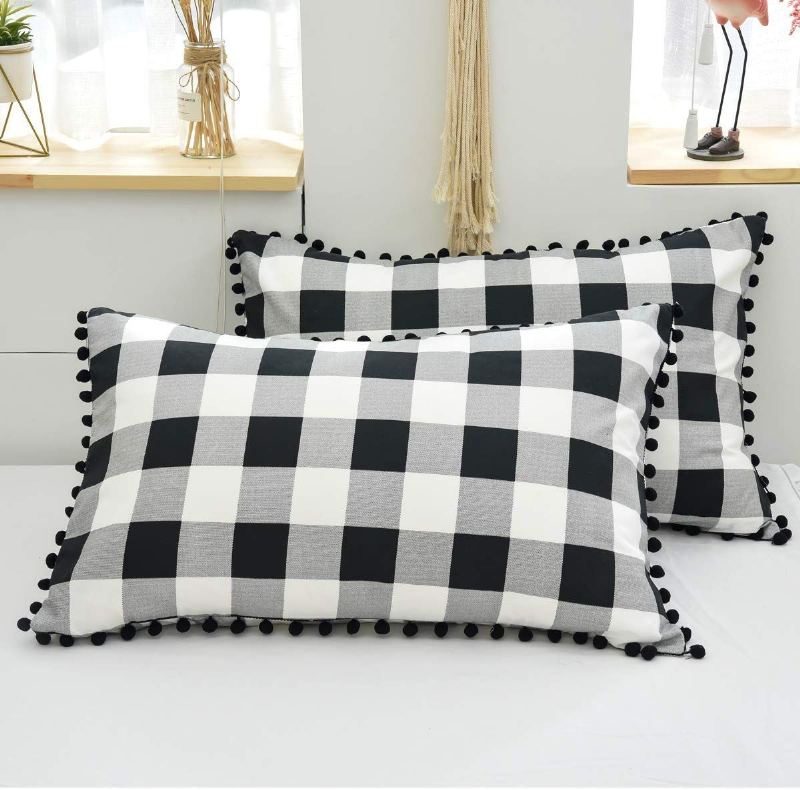 Souprava Moderního Ložního Prádla Buffalo Plaid 3 Ks Sada Povlaků Na Přikrývku S Třásněmi Pom Pom