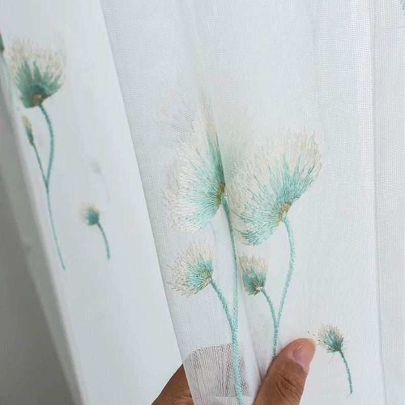 Elegantní Pampeliška Květinové Vyšívané Poloprůsvitné Závěsy Bílé Tyčové Kapesní Pro Dívčí Pokoj 2 Panely