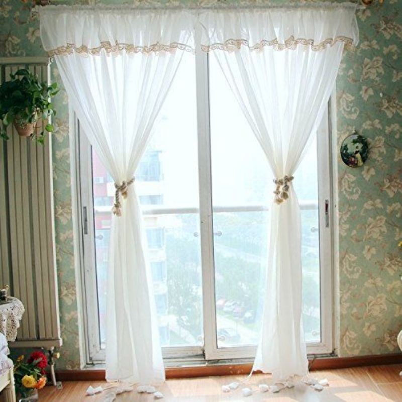 Farmhouse White Lace Sheer Curtain Shabby Elegantní Nastavitelná Stínítka Na Zavazování