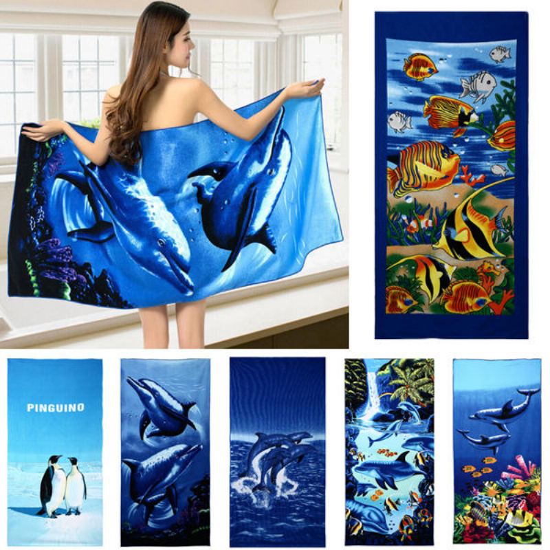 70 X 150 cm Blue Dolphin Penguin Print Absorpční Plážové Ručníky Z Mikrovlákna Rychloschnoucí Osuška