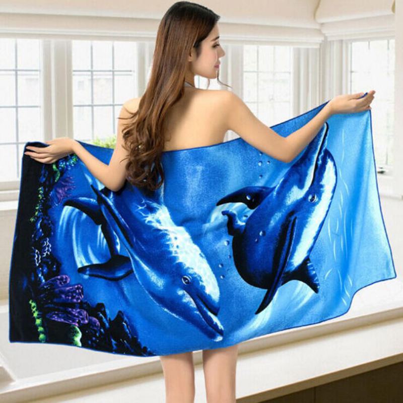 70 X 150 cm Blue Dolphin Penguin Print Absorpční Plážové Ručníky Z Mikrovlákna Rychloschnoucí Osuška