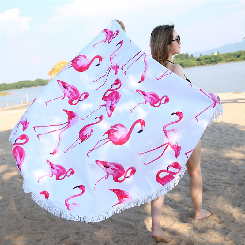 Módní Flamingo 450g Kulatý Plážový Ručník Se Střapci Mikrovlákno 150cm Pikniková Deka Přikrývka