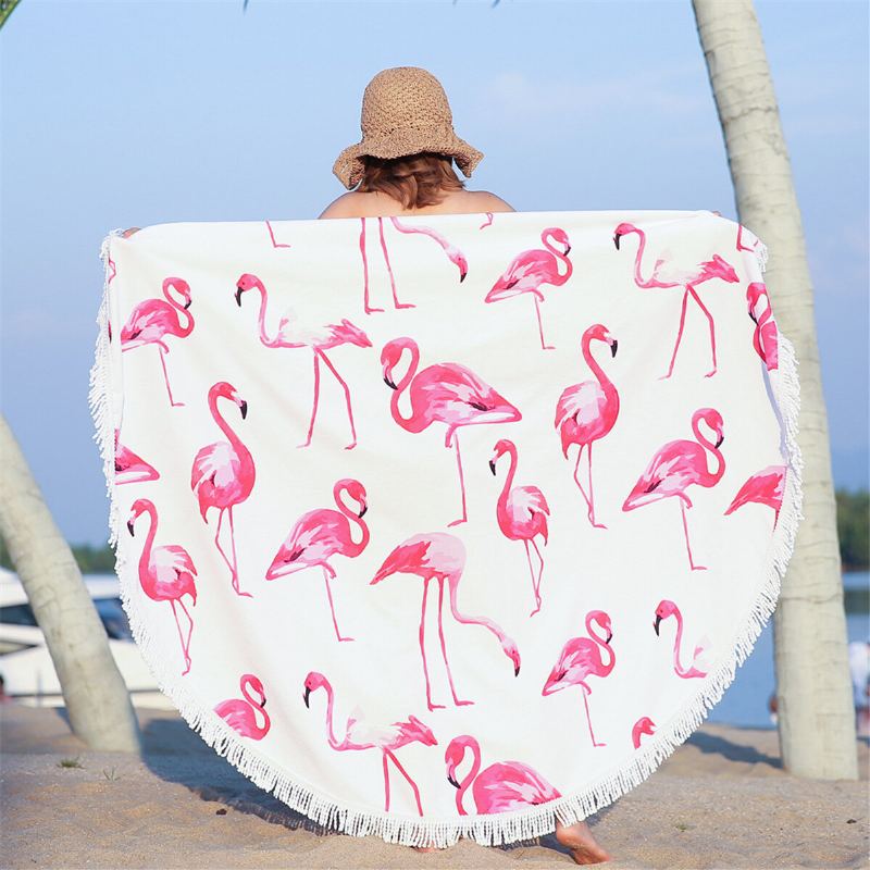 Módní Flamingo 450g Kulatý Plážový Ručník Se Střapci Mikrovlákno 150cm Pikniková Deka Přikrývka