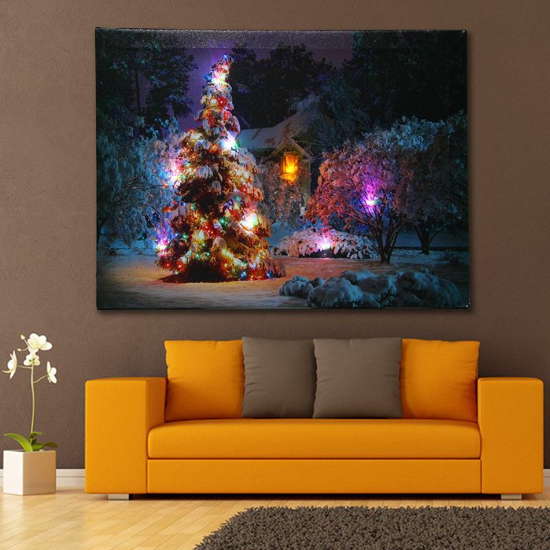 40 X 30 cm Led Vánoční Zasněžený Dům Před Strom Obraz Na Plátně Nástěnné Umění 40 X 30 cm