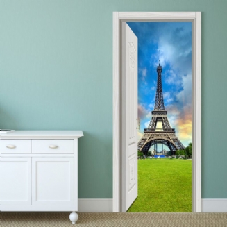 88x200cm Pag Nálepka Na Zeď Imitativní Dveře 3d Oceán Poušť Eiffelova Věž Otevřené Home Wall Decor Dárek