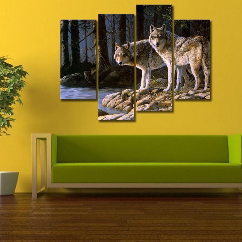 Miico Ručně Malované Čtyři Kombinované Dekorativní Malby Dva W-olves Wall Art Pro Domácí Dekoraci